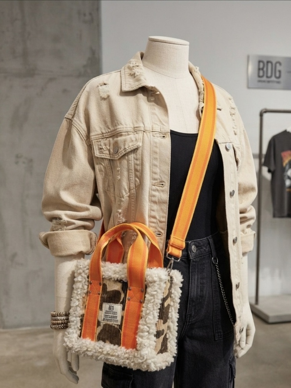 BDG for Urban Outfitters Orange-Strap Shearling-Trim Canvas Crossbody